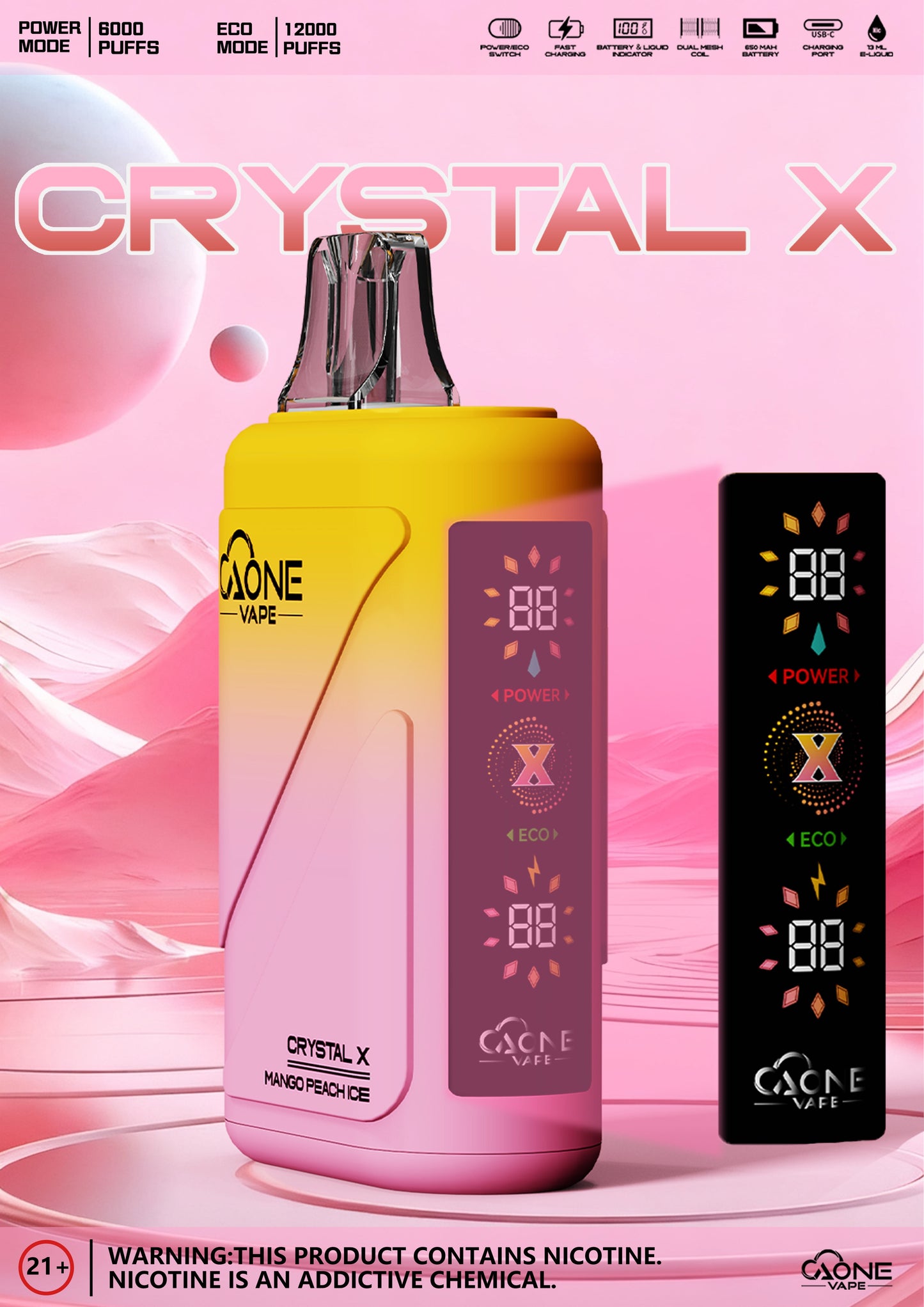 AONE Crystal X 水晶2代 12000口一次性電子煙 | 雙芯霧化透明水晶外殼大容量拋棄式Vape-糖果雲煙館