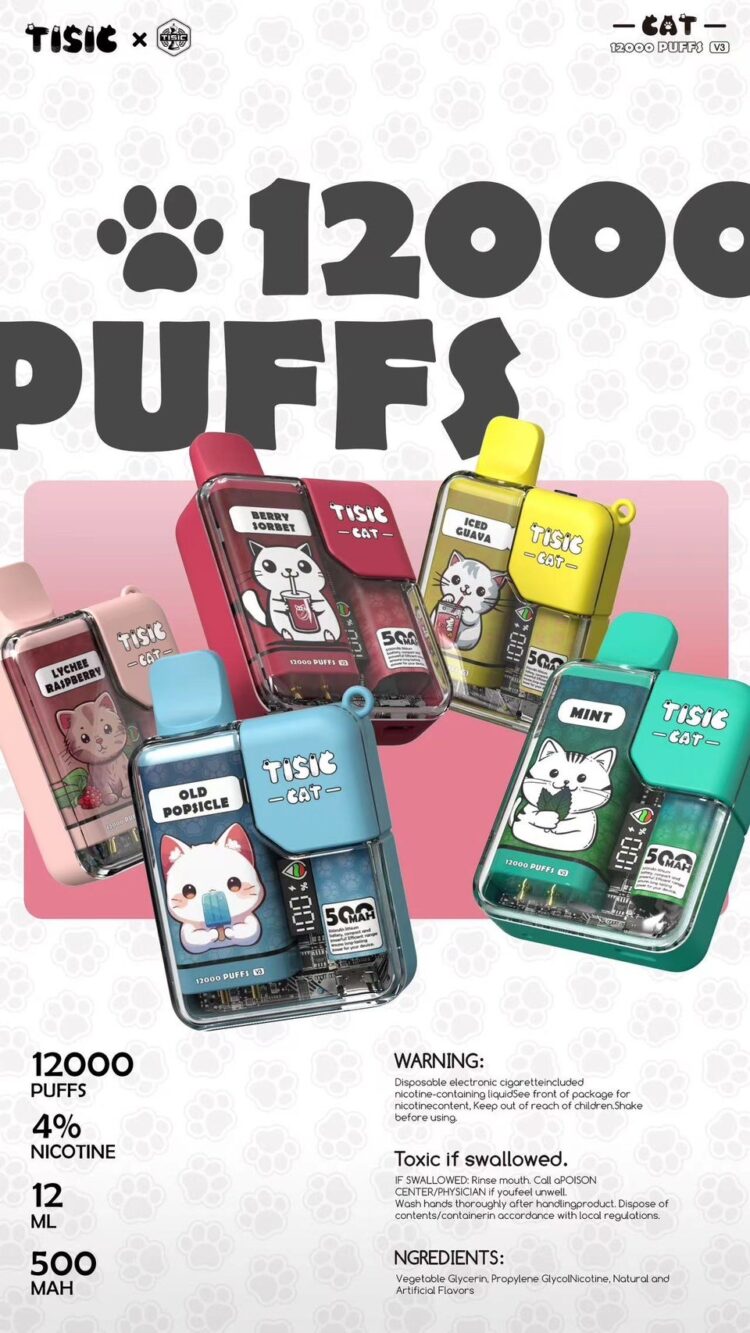 TISIC 貓咪 12000 Puffs 拋棄式電子煙|大容量一次性主機|智能顯示螢幕|Type-C快充長續航電子煙-VAKA糖果雲煙館