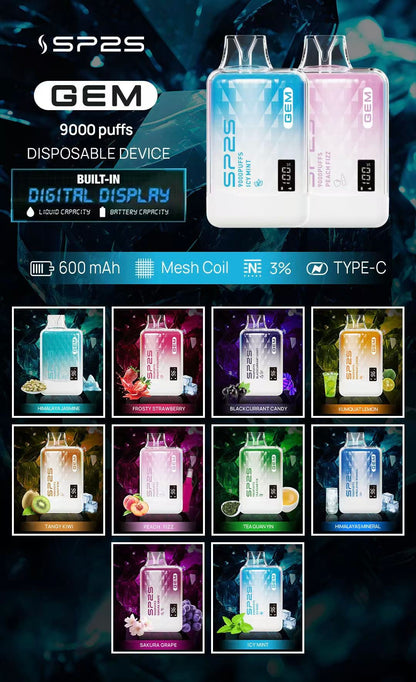 SP2S 思博瑞 9000 Puffs 拋棄式電子煙｜大容量續航 Mesh Coil 網狀霧化芯｜Type-C快充智能顯示一次性主機-VAKA糖果雲煙館