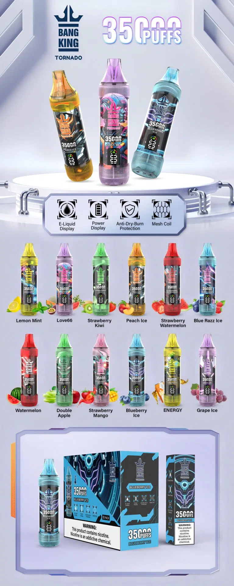 Bang King 35000口拋棄式電子煙｜35K高續航一次性Vape｜智慧螢幕顯示大容量電子煙-VAKA糖果雲煙館