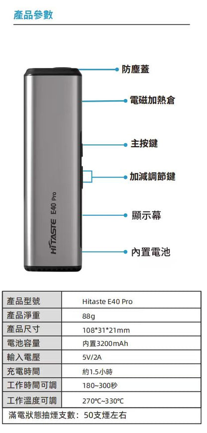 【HITASTE E40 Pro 加熱煙主機】新品上市｜無刀片・高效能感應加熱煙機・強勁擊喉感｜TEREA煙彈專用-現貨秒發