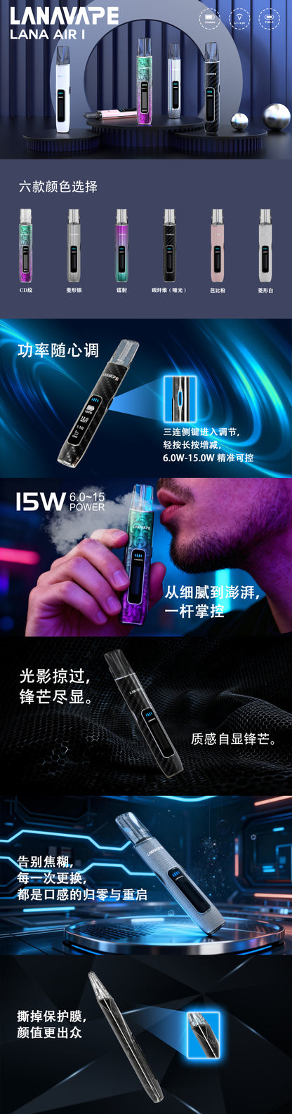 【LANA AIR 1 一代主機】智能超大液晶屏幕＋精準功率控制 6W-15W可調 高續航煙桿，適用於 IAIL、魅嗨、SP2S 等一代霧化彈-台灣現貨