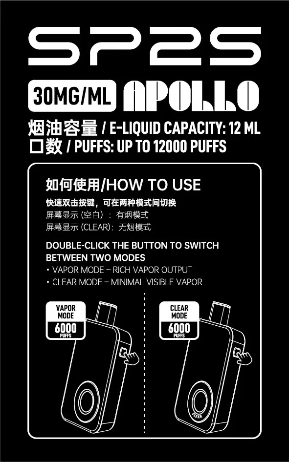 SP2S Apollo 12000口拋棄式｜雙模式切換(有煙& 無煙)+6ml 雙倉｜全彩螢幕顯示｜VAKA糖果雲煙館