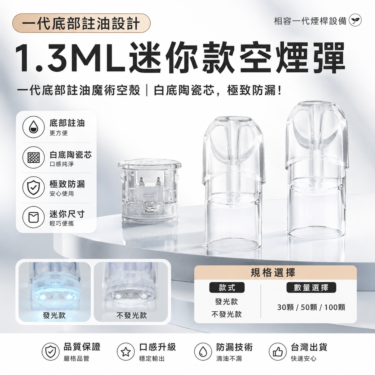 【1.3ML迷你款空煙彈】一代底部註油魔術空殼｜白底陶瓷芯，極致防漏！發光款/不發光款-台灣現貨秒發