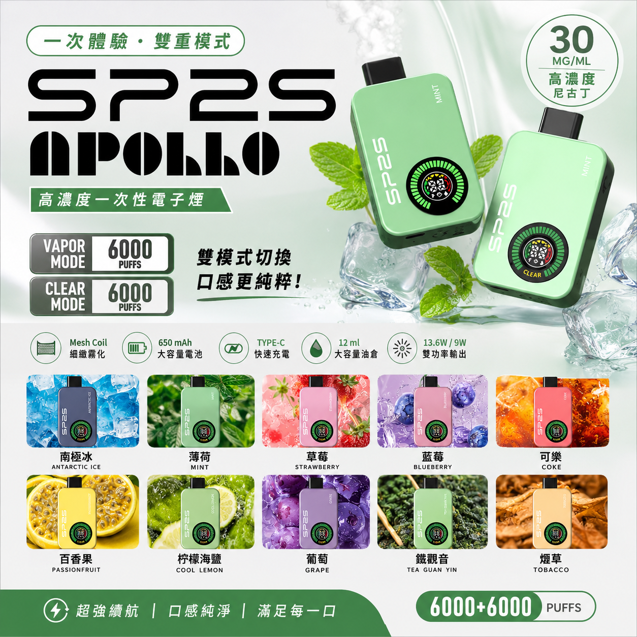 SP2S Apollo 12000口拋棄式｜雙模式切換(有煙& 無煙)+6ml 雙倉｜全彩螢幕顯示｜VAKA糖果雲煙館