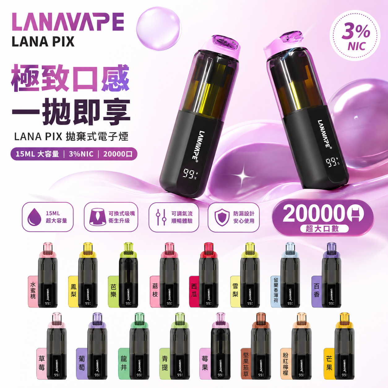 LANA PIX 閃光彈 20000口拋棄式電子煙｜15ML大容量煙油｜Mesh網狀霧化芯｜LED燈效｜Type-C充電一次性電子煙-VAKA糖果雲煙館