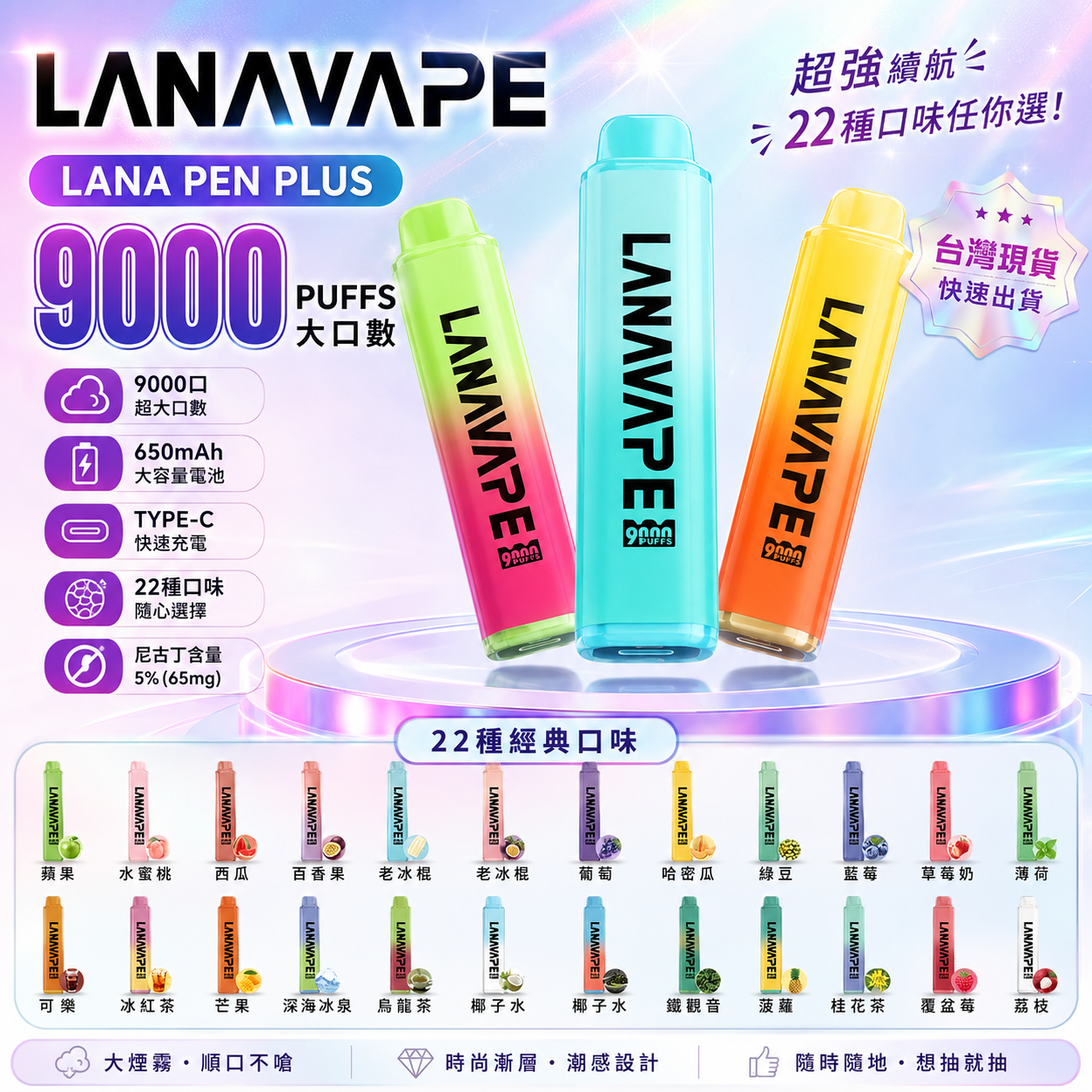 LANA 9000口拋棄式電子煙｜15ML大容量煙油｜長效續航水果口味一次性電子煙-VAKA糖果雲煙館