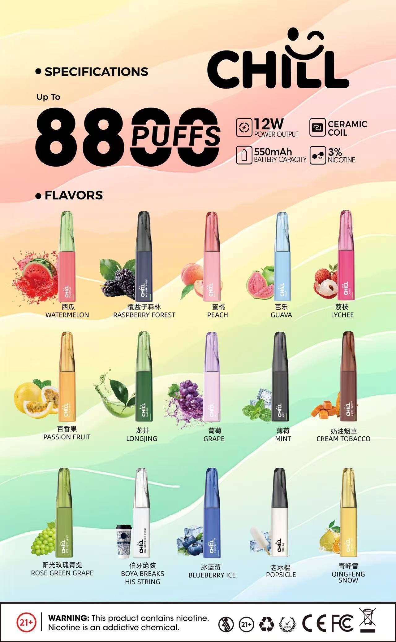 CHILL 8800口拋棄式電子煙｜長效續航一次性電子煙｜冰涼水果口味 Vape-VAKA糖果雲煙館