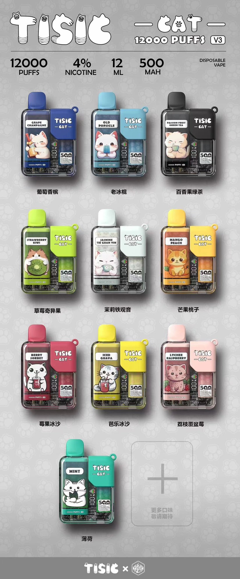 TISIC 貓咪 12000 Puffs 拋棄式電子煙｜大容量一次性主機｜智能顯示螢幕｜Type-C快充長續航電子煙-VAKA糖果雲煙館
