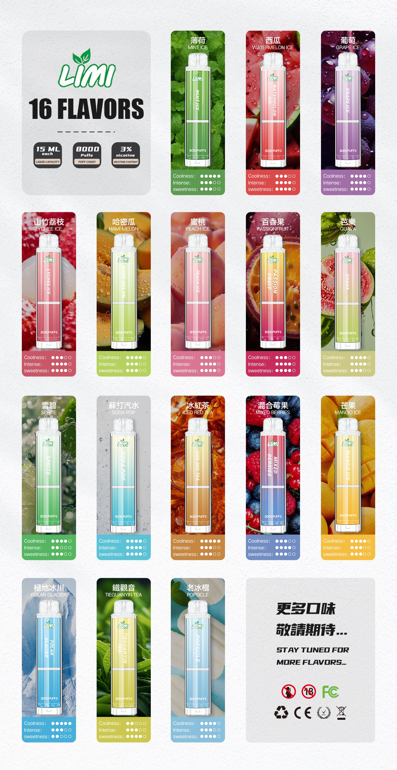 LIMI 8000口 PUFFS 發光拋棄式電子煙｜LED炫彩燈效｜長續航一次性電子菸｜多款水果冰感口味-VAKA糖果雲煙館