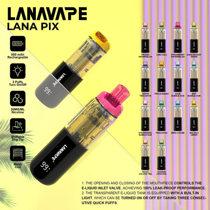 LANA PIX 閃光彈 20000口拋棄式電子煙｜15ML大容量煙油｜Mesh網狀霧化芯｜LED燈效｜Type-C充電一次性電子煙-VAKA糖果雲煙館