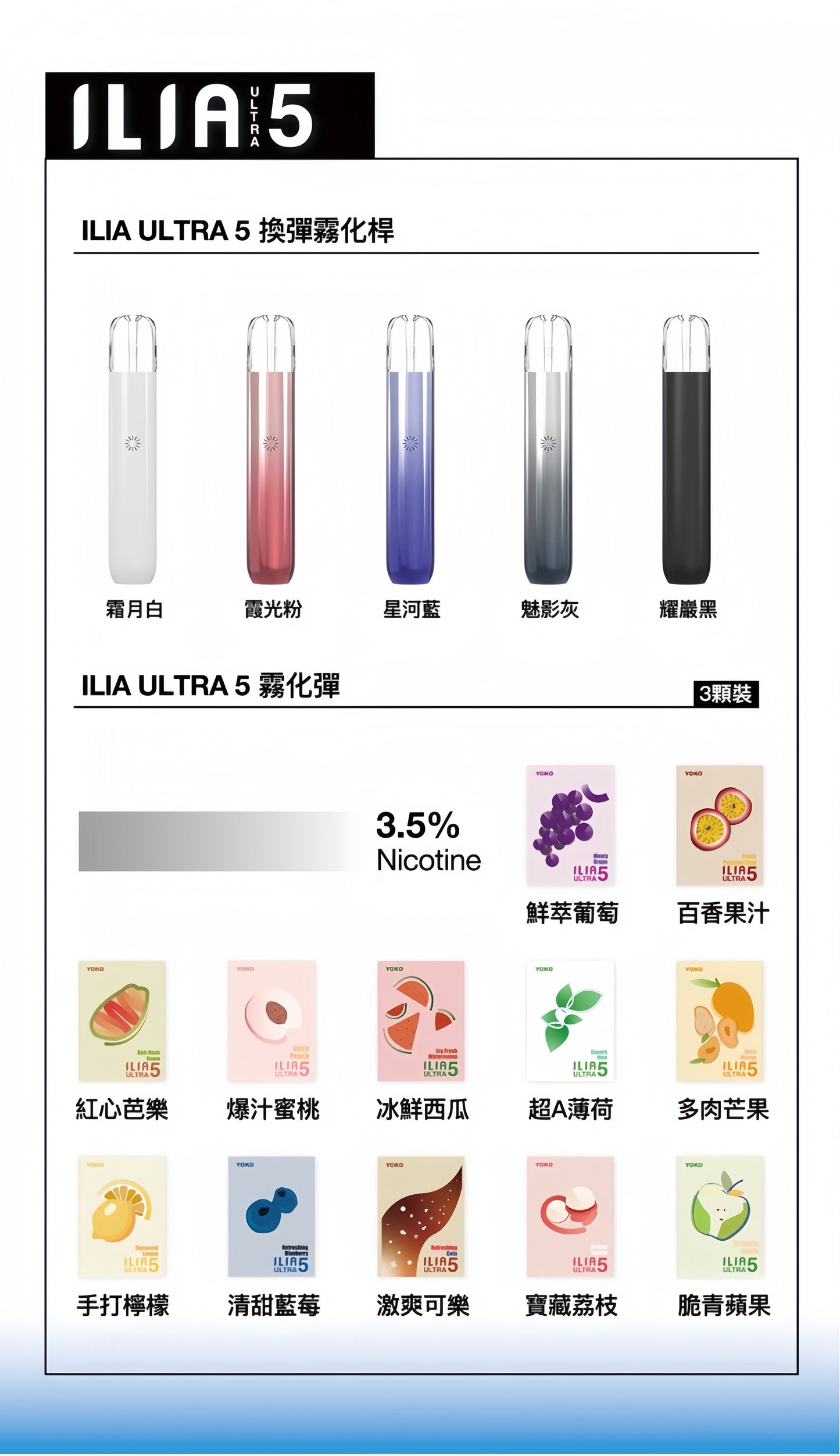ILIA哩亞五代煙彈 ULTRA 5代替換式煙彈｜2ML容量｜3顆裝｜多款口味選擇｜專用ILIA Ultra5主機-台灣現貨